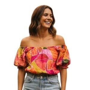 FARM Rio Off-Shoulder Puff Sleeve Blouse in Pink, Orange & Yellow